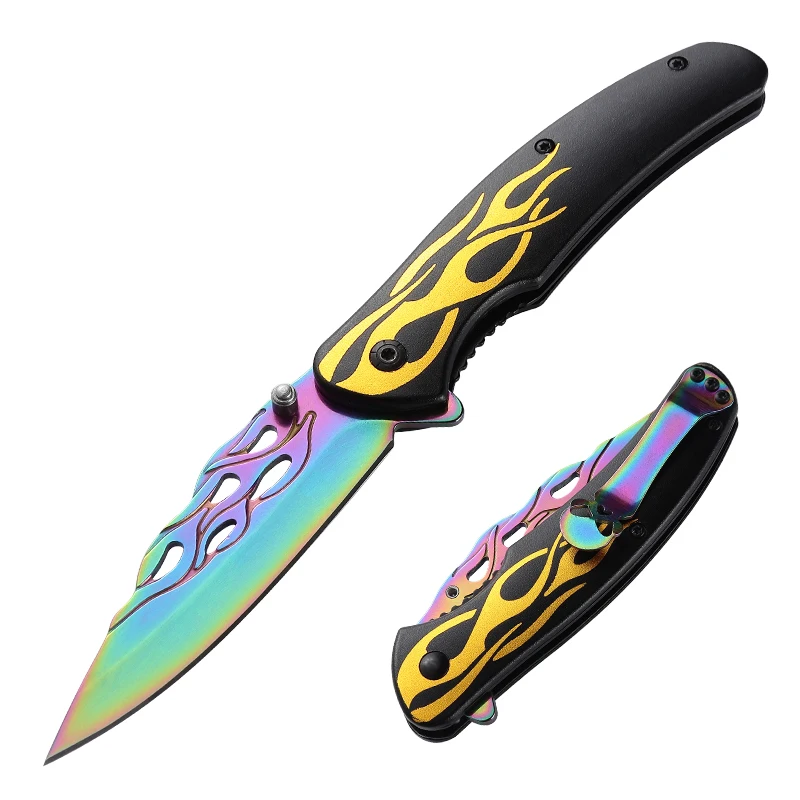 New 8 inches color titanium coated folding knife aluminium handle outdoor camping pocket knife with colorful flame pattern
New 8 inches color titanium coated folding knife aluminium handle outdoor camping pocket knife with colorful flame pattern