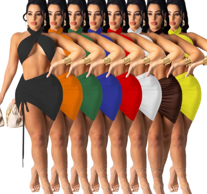 2021 New Summer Halter Bandage Crop Top Elastic Waist Stacked Drawstring Skirts Off Shoulder 2 Piece Skirt Set Women Clothing
2021 New Summer Halter Bandage Crop Top Elastic Waist Stacked Drawstring Skirts Off Shoulder 2 Piece Skirt Set Women Clothing