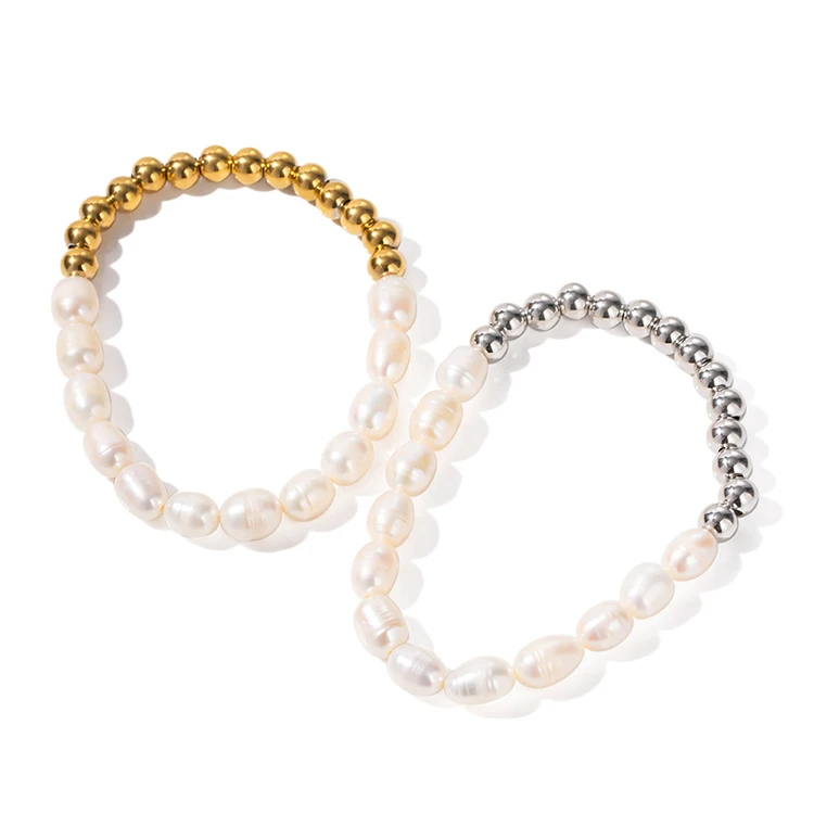 

Y077 Wholesale Bracelets PVD 16k Gold Plated Half Freshwater Pearl Half Beaded Chain Bracelets for Women Jewelry Stainless Steel