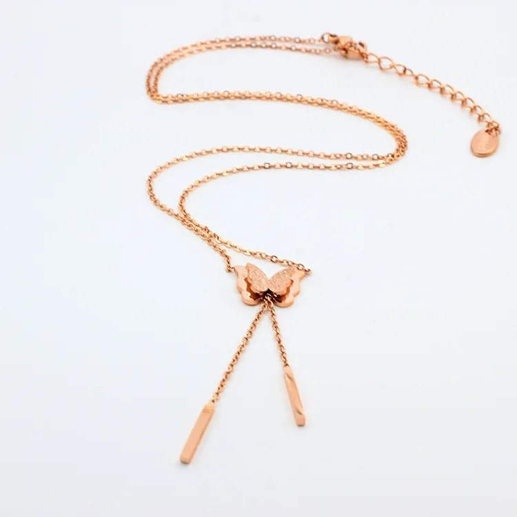 

Fashion Simple And Versatile Frosted Butterfly Pendant Necklace Tassel Stainless Steel Clavicle Chain Necklace, Rose gold,gold