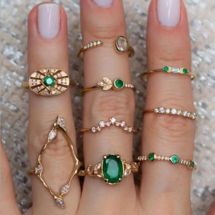 9pcs/sets Bohemia Luxurious Gold Color Finger Rings Hollow Geometric Hard Green Crystal Stone Jewelry For Women Men
9pcs/sets Bohemia Luxurious Gold Color Finger Rings Hollow Geometric Hard Green Crystal Stone Jewelry For Women Men