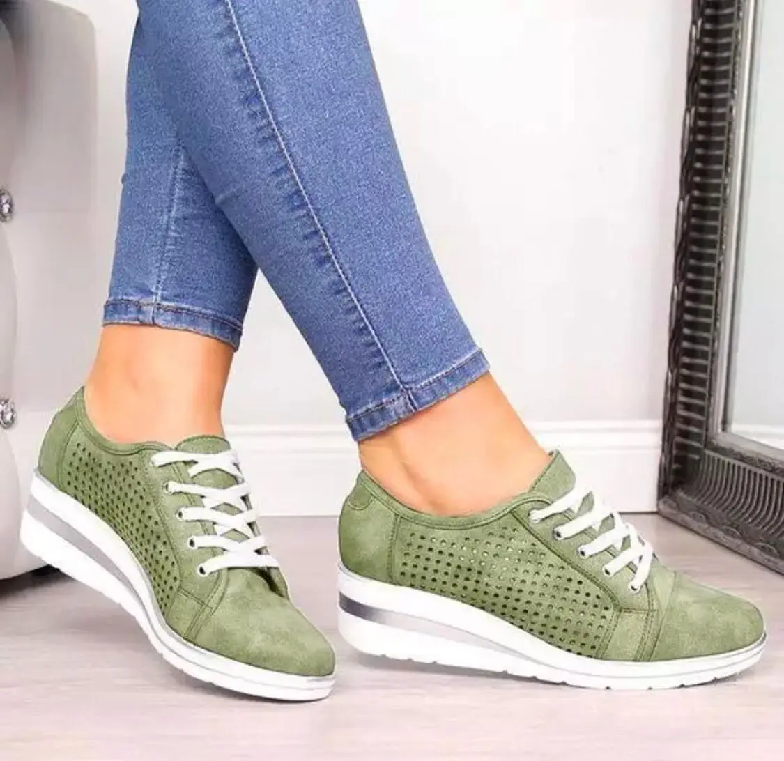 New fashion faux leather hollow out wedge heel sneakers women lace up perforations sneakers, Picture
New fashion faux leather hollow out wedge heel sneakers women lace up perforations sneakers, Picture