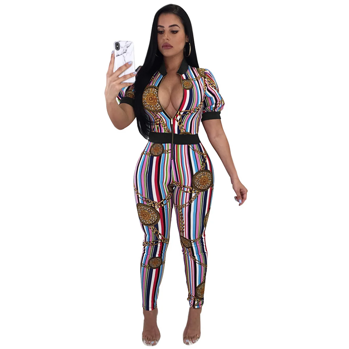 Casual Women One Piece Jumpsuit Short Sleeve Chain Print Bodycon Front Zipper Long Pants Sexy Rompers Women Playsuit
Casual Women One Piece Jumpsuit Short Sleeve Chain Print Bodycon Front Zipper Long Pants Sexy Rompers Women Playsuit