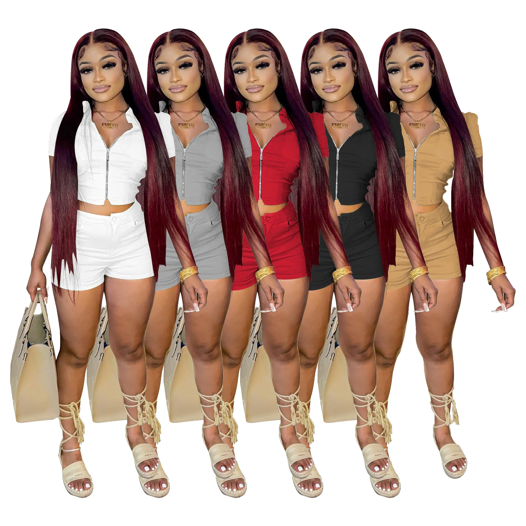 W8303 New 2022 Custom Zipper Crop Top Summer Outfit Stretchy Women Sets Two Piece Turn Down Collar Summer 2 Piece Short Set
W8303 New 2022 Custom Zipper Crop Top Summer Outfit Stretchy Women Sets Two Piece Turn Down Collar Summer 2 Piece Short Set