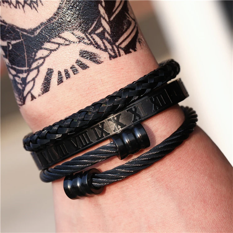 European Hot Selling Men's Punk 3Pcs/Set Black Stainless Steel Roman Numerals Open Cuff Bangle Set
European Hot Selling Men's Punk 3Pcs/Set Black Stainless Steel Roman Numerals Open Cuff Bangle Set