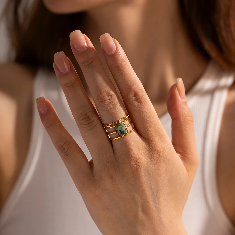 Dainty Stainless Steel Gold Plated Opening Ring Gift Three Layer Hollow Square African Stone Stacking Rings
Dainty Stainless Steel Gold Plated Opening Ring Gift Three Layer Hollow Square African Stone Stacking Rings