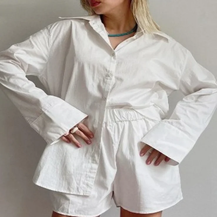 Fall Casual Women Two Piece Sets Summer Loose Long Sleeve Shirt Blouse Tops And Shorts Set Tracksuit For Woman B1734
Fall Casual Women Two Piece Sets Summer Loose Long Sleeve Shirt Blouse Tops And Shorts Set Tracksuit For Woman B1734