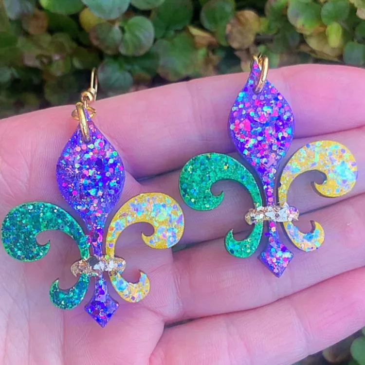 

Mardi Gras Triple Stack Glitter Dangle Earrings Purple Green Gold Teardrop Earrings Mardi Gras Fleur de Lis Glitter Earrings, Shows