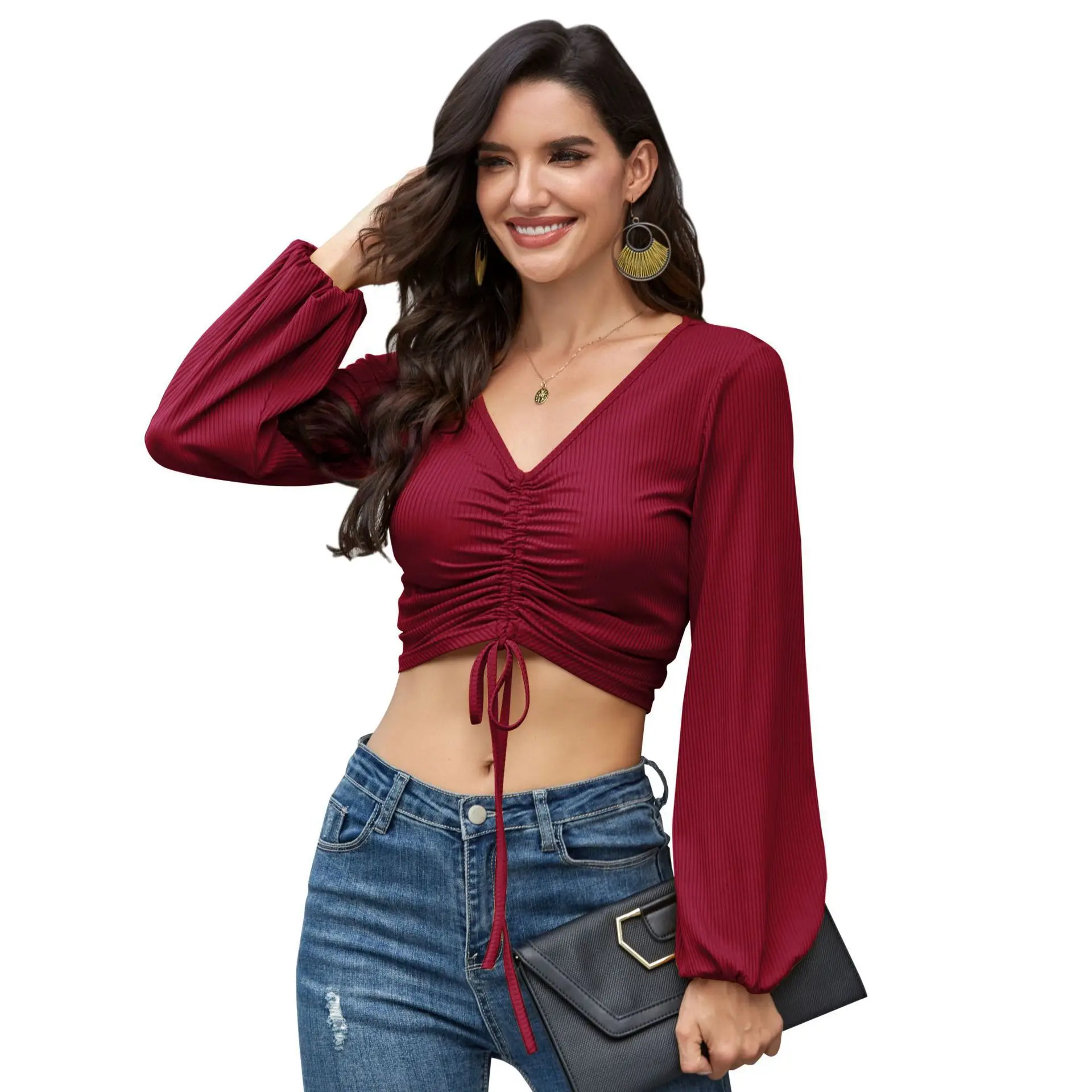 hot sale deep V Neck Drawstring Long Sleeve Girls sexy Blank Fitted Crop Top for Women
hot sale deep V Neck Drawstring Long Sleeve Girls sexy Blank Fitted Crop Top for Women