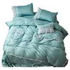 100%cotton girl queen size lace flowers embroidery duvet cover cyan bedding set with ruffle pillowcase