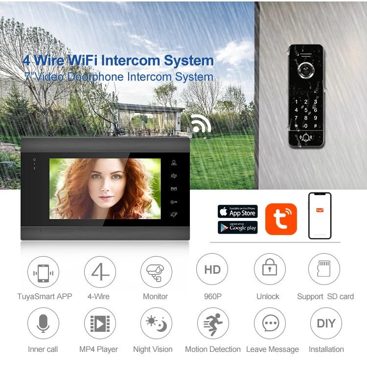 Tuya wireless ip video intercom door bell system wifi 4 wired 7 inch video door phone doorbell outdoor monitor station