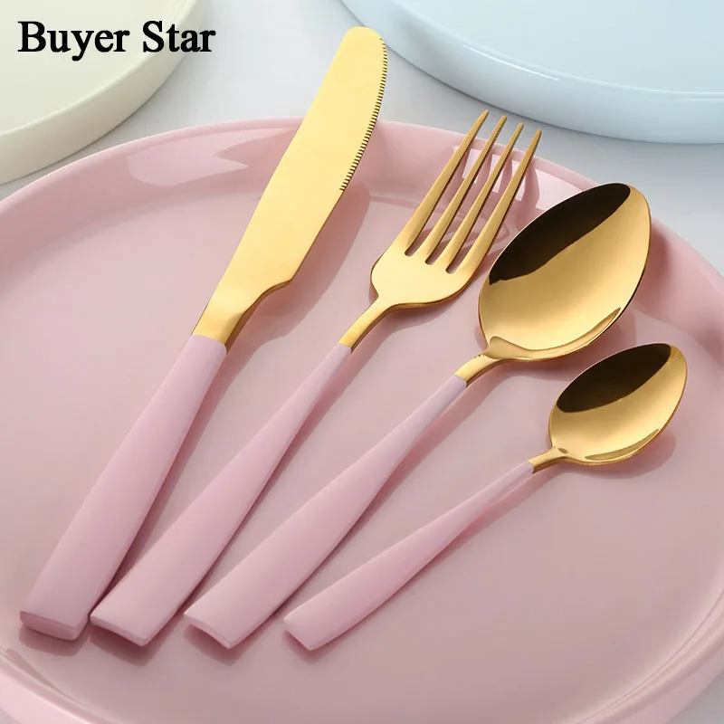 Pink handle stainless steel flatware gold cutlery set for wedding, White/black/pink/blue/green with gold
Pink handle stainless steel flatware gold cutlery set for wedding, White/black/pink/blue/green with gold