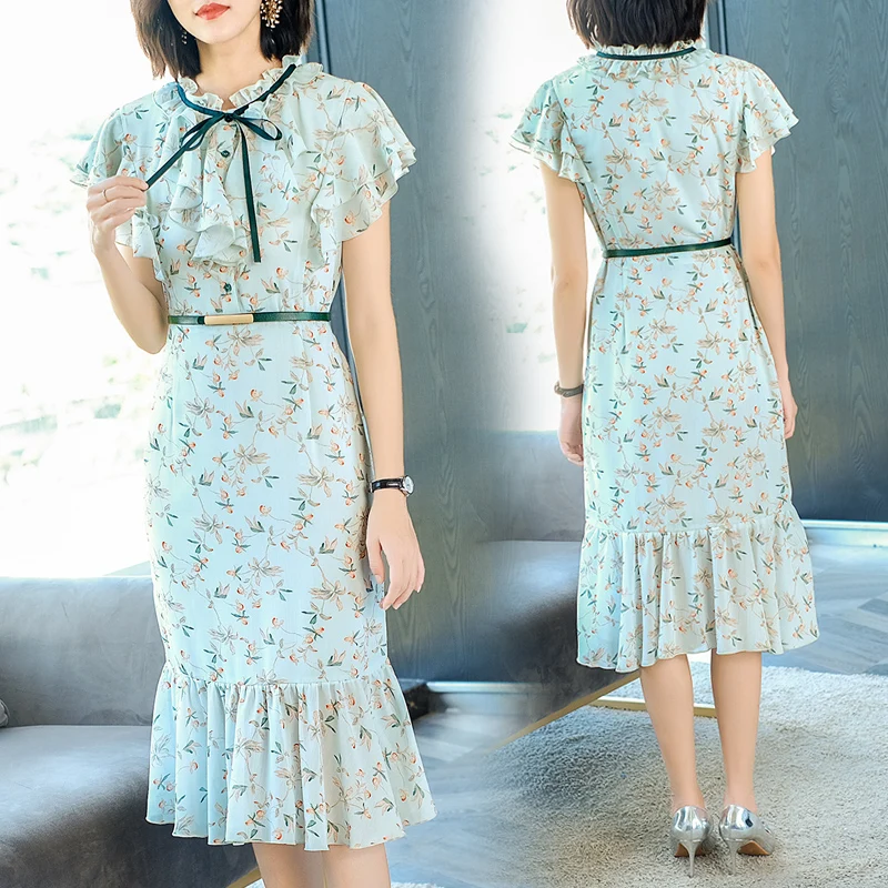 In stock short sleeves round neck blue vintage pleated tie belt calf-length casual summer women floral print chiffon dresses, Picture color
In stock short sleeves round neck blue vintage pleated tie belt calf-length casual summer women floral print chiffon dresses, Picture color