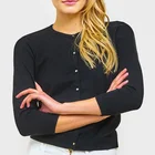 Classics crew neck 3/4 sleeve pure cashmere womens cardigan sweater with button closure