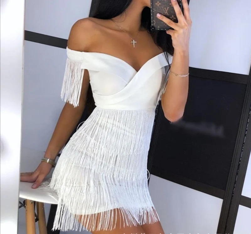 2021 New Arrival High Quality Women off shoulder summer slim tassels party mini women evening dresses solid color simple style, White
2021 New Arrival High Quality Women off shoulder summer slim tassels party mini women evening dresses solid color simple style, White