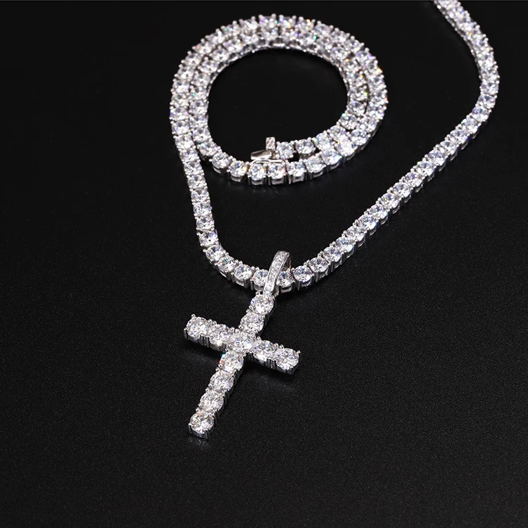 Tennis chain through white gold plated 925 sterling silver made VVS diamond moissanite cross pendant charm
Tennis chain through white gold plated 925 sterling silver made VVS diamond moissanite cross pendant charm