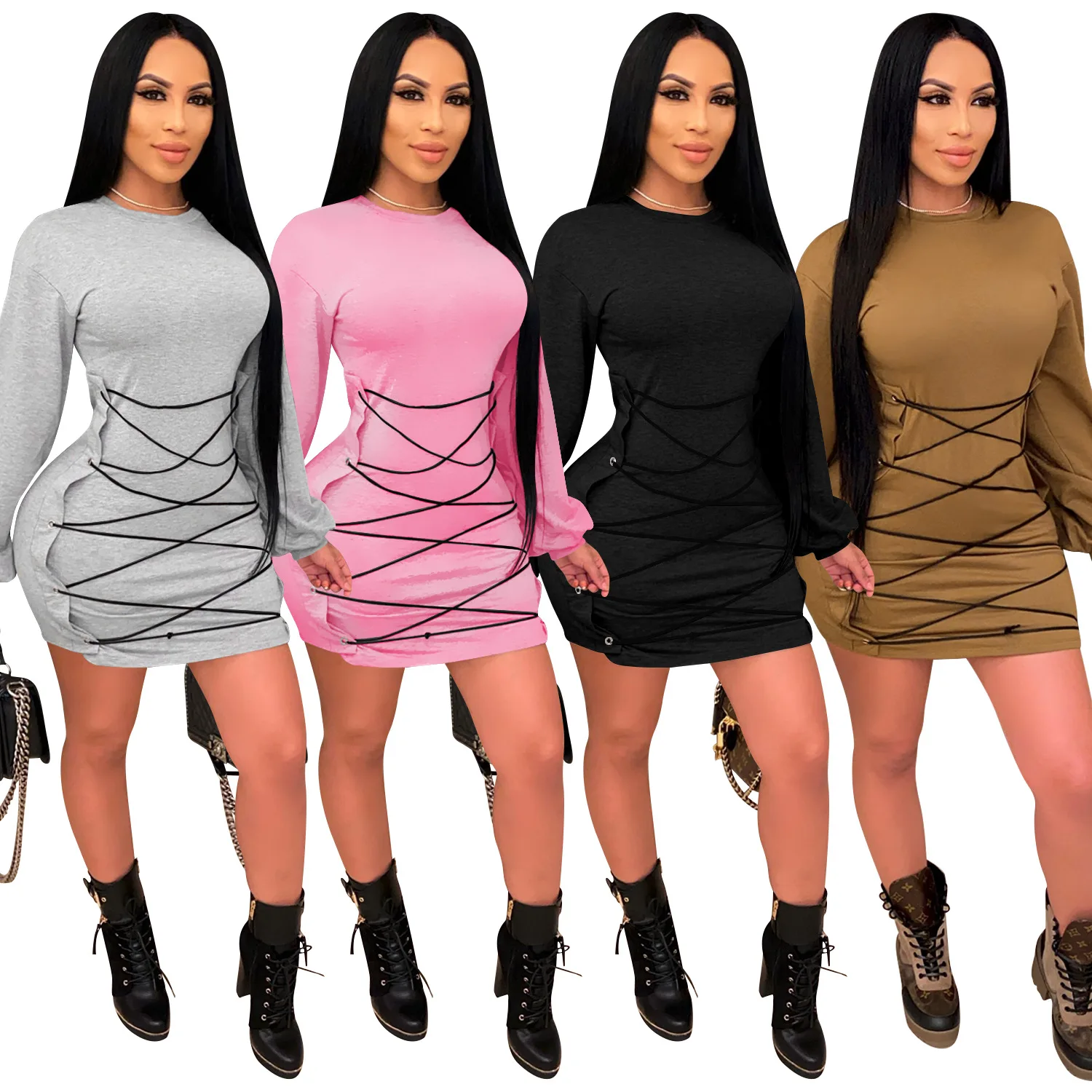 autumn spring Sexy lace up sold color dress women long sleeve o- neck mini dresses slim ladies casual streetwear clothing
autumn spring Sexy lace up sold color dress women long sleeve o- neck mini dresses slim ladies casual streetwear clothing