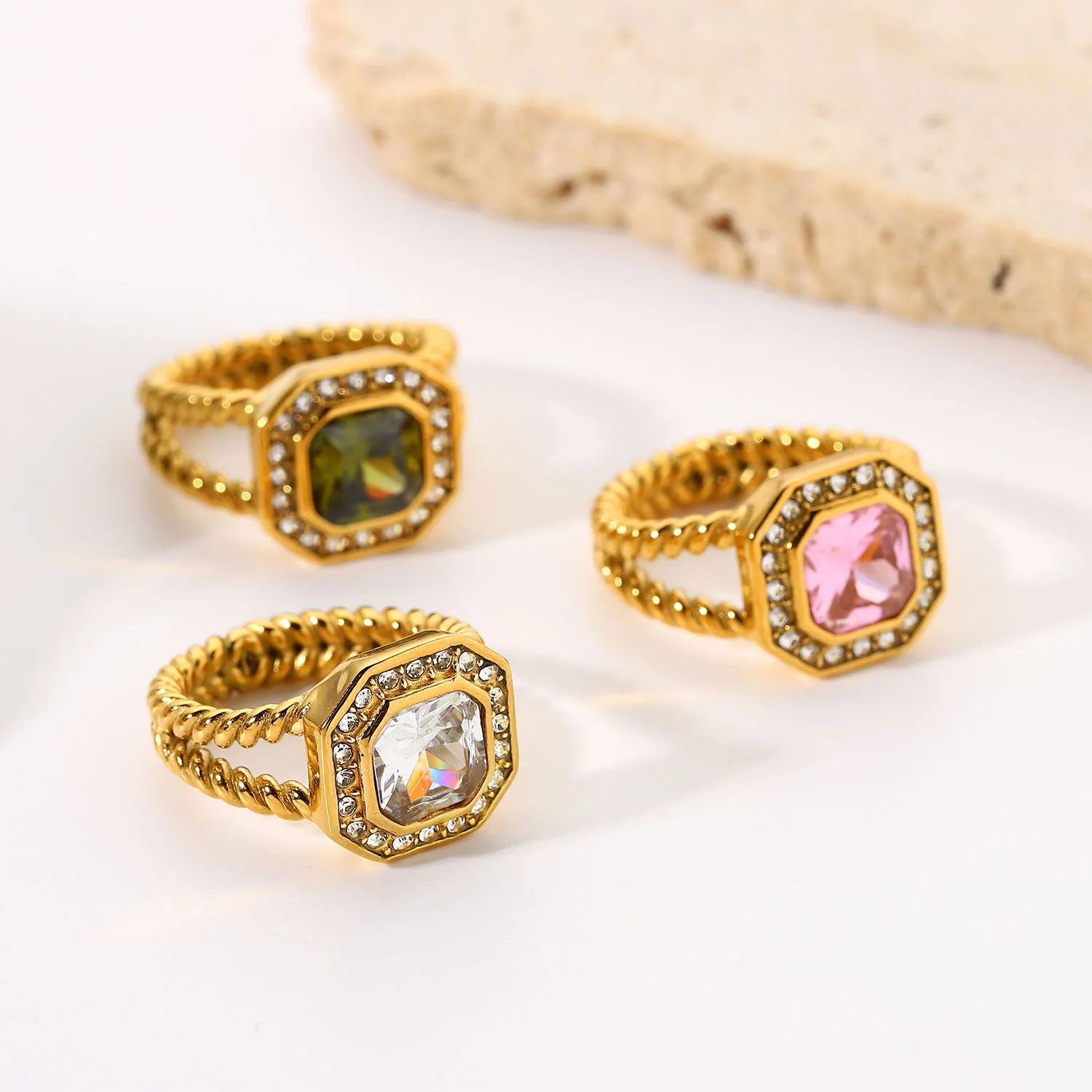New Arrival Stainless Steel 18K Gold Plated Jewelry Stone Crystal Gemstone Double Layer Zircon Twist Rings for Girl
New Arrival Stainless Steel 18K Gold Plated Jewelry Stone Crystal Gemstone Double Layer Zircon Twist Rings for Girl