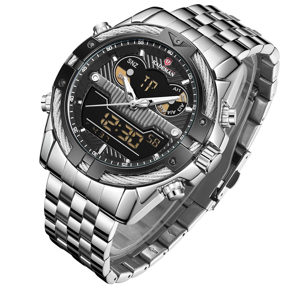 Luxury Sports Men's Watches Dual Movement LCD Backlit Alarm Clock Running Seconds Waterproof Steel Band Quartz Wrist Watch, 5 colors
Luxury Sports Men's Watches Dual Movement LCD Backlit Alarm Clock Running Seconds Waterproof Steel Band Quartz Wrist Watch, 5 colors