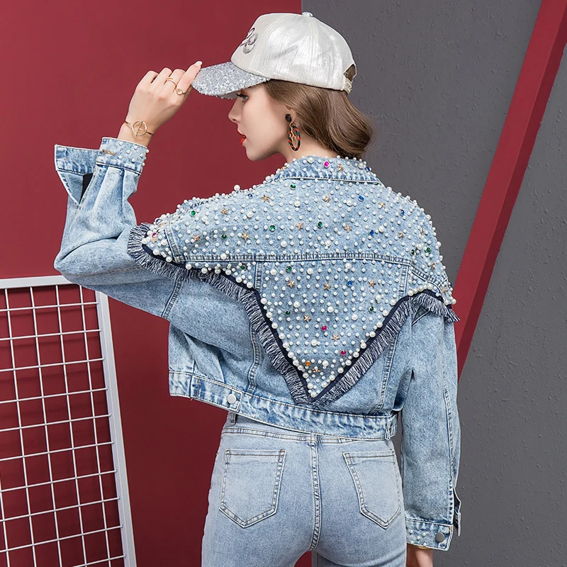 2020 Autumn Women's denim jacket loose Korean crystal style with diamond tassel short coat, Black
2020 Autumn Women's denim jacket loose Korean crystal style with diamond tassel short coat, Black