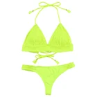 Sexy Brazilian Bikini Women Smocked Push Up Swimsuit Neon Yellow Thong Pleated Halter Swimwear