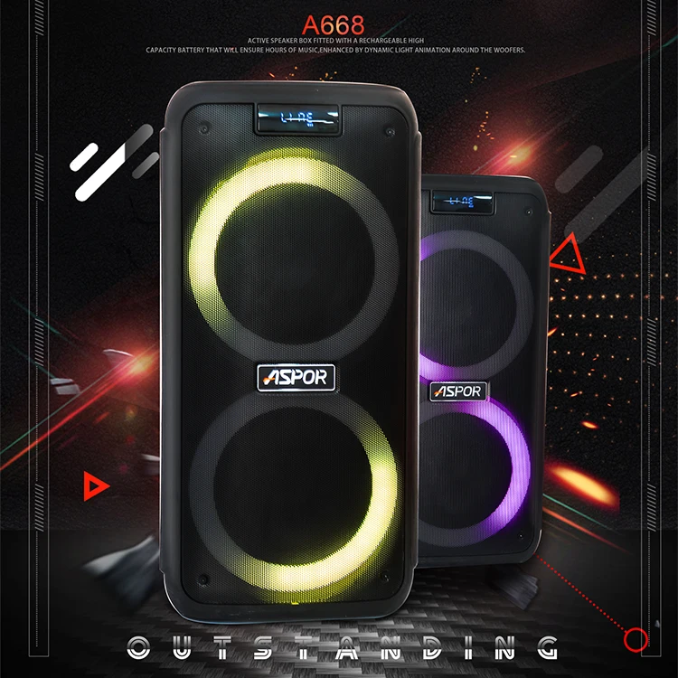 ASPOR Newest Nice Design Good Sound Quality With LED Light And Two Microphone Wireless Stage Speaker
ASPOR Newest Nice Design Good Sound Quality With LED Light And Two Microphone Wireless Stage Speaker