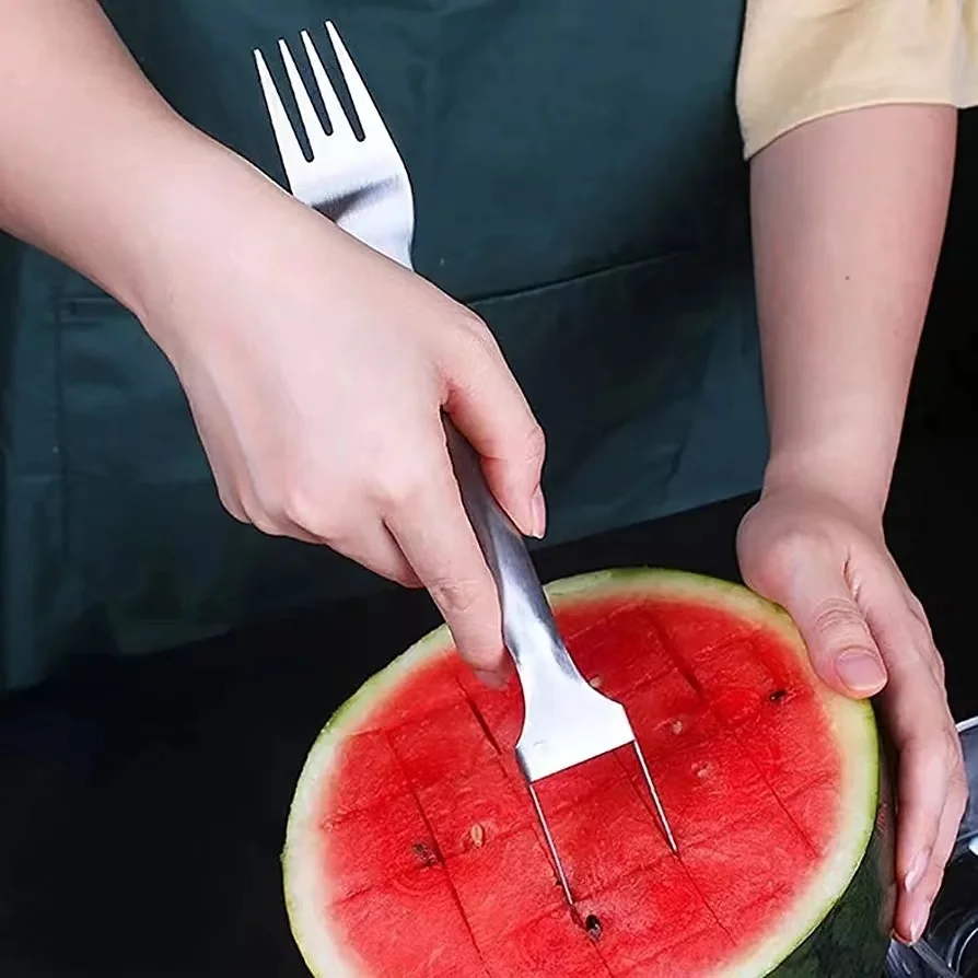 

2 In 1 Watermelon Fork Slicer New Watermelon Slicer Cutter Summer Dual Head Stainless Steel Fruit Fork cubeds Knife Family Party
