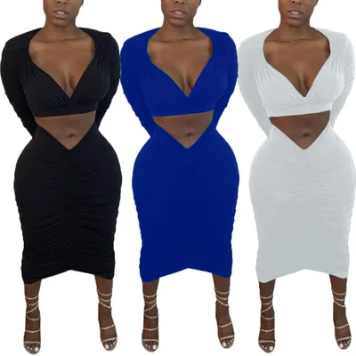 CL-031 Fashion Women Clothing V-neck Long Sleeve Solid Color Knee Summer Dress Women Two Piece Sets, As picture show
CL-031 Fashion Women Clothing V-neck Long Sleeve Solid Color Knee Summer Dress Women Two Piece Sets, As picture show