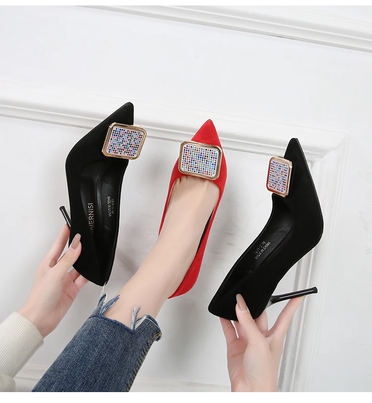 Womens Ladies Shoes Comfortable Soft Colored Diamond Buckle Pointed Toe Heels Pumps, Black red 
Womens Ladies Shoes Comfortable Soft Colored Diamond Buckle Pointed Toe Heels Pumps, Black red