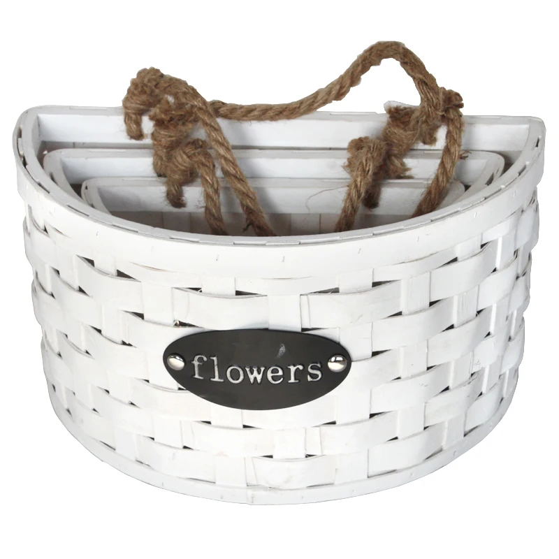 YRMT hot selling hanging flower wooden basket flowerpot set of three, White 
YRMT hot selling hanging flower wooden basket flowerpot set of three, White