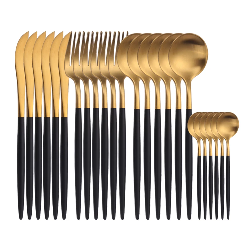 24 pcs High Quality Stainless Steel Cutlery Flatware Set Luxury Wedding Fork Spoon Knife, Gold/black
24 pcs High Quality Stainless Steel Cutlery Flatware Set Luxury Wedding Fork Spoon Knife, Gold/black