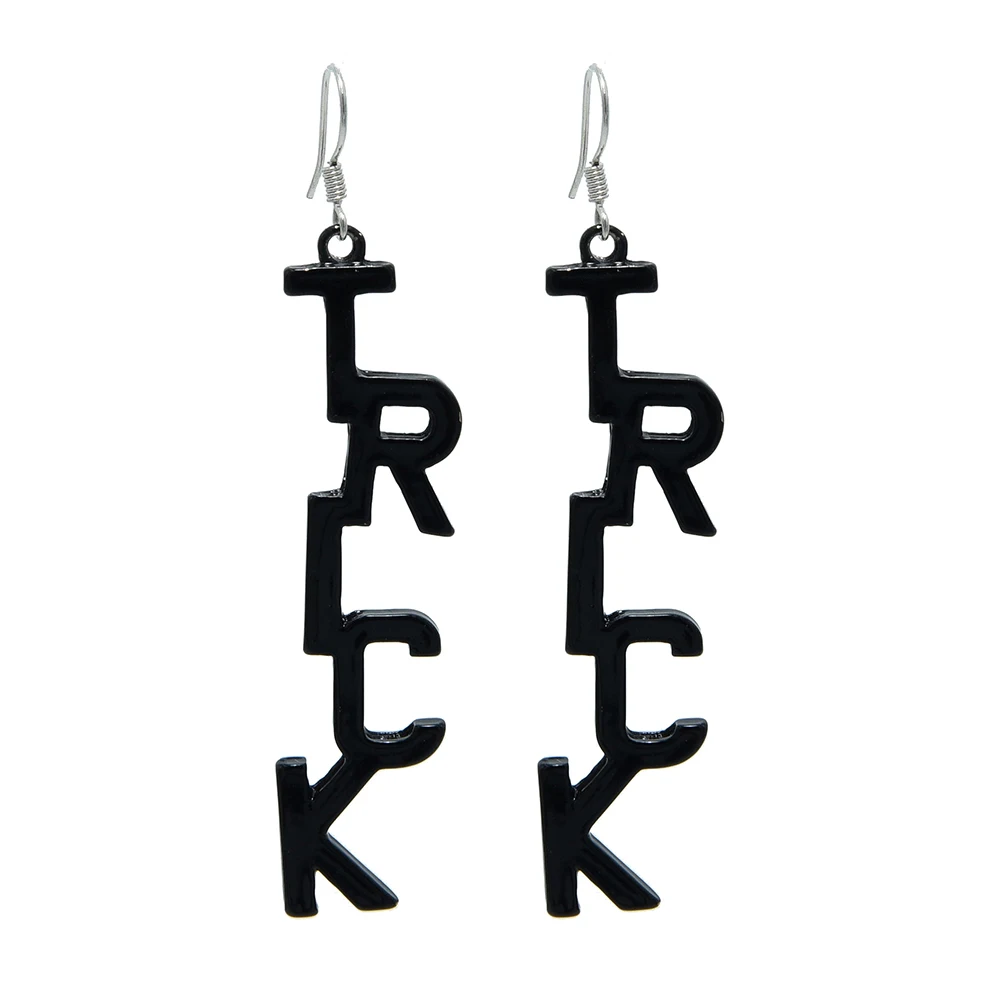 Veijer High Quality Female Silver Hook Black Spray Paint Alloy Treat Trick Black Letter Dangle Earrings
Veijer High Quality Female Silver Hook Black Spray Paint Alloy Treat Trick Black Letter Dangle Earrings