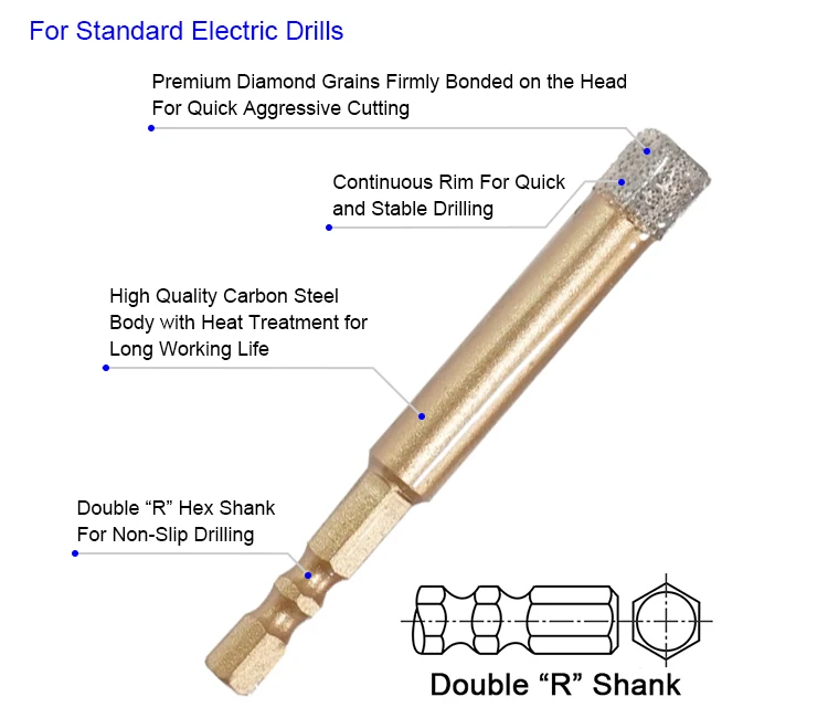 Double R Hex Shank Vacuum Brazed Diamond Core Drill Bit for Tile Marble Granite