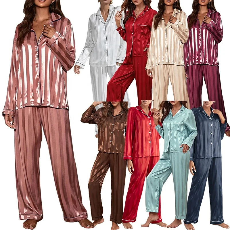 2022 designer custom two piece luxury Striped sexy pyjamas silk sleepwear satin pajamas for women set
2022 designer custom two piece luxury Striped sexy pyjamas silk sleepwear satin pajamas for women set