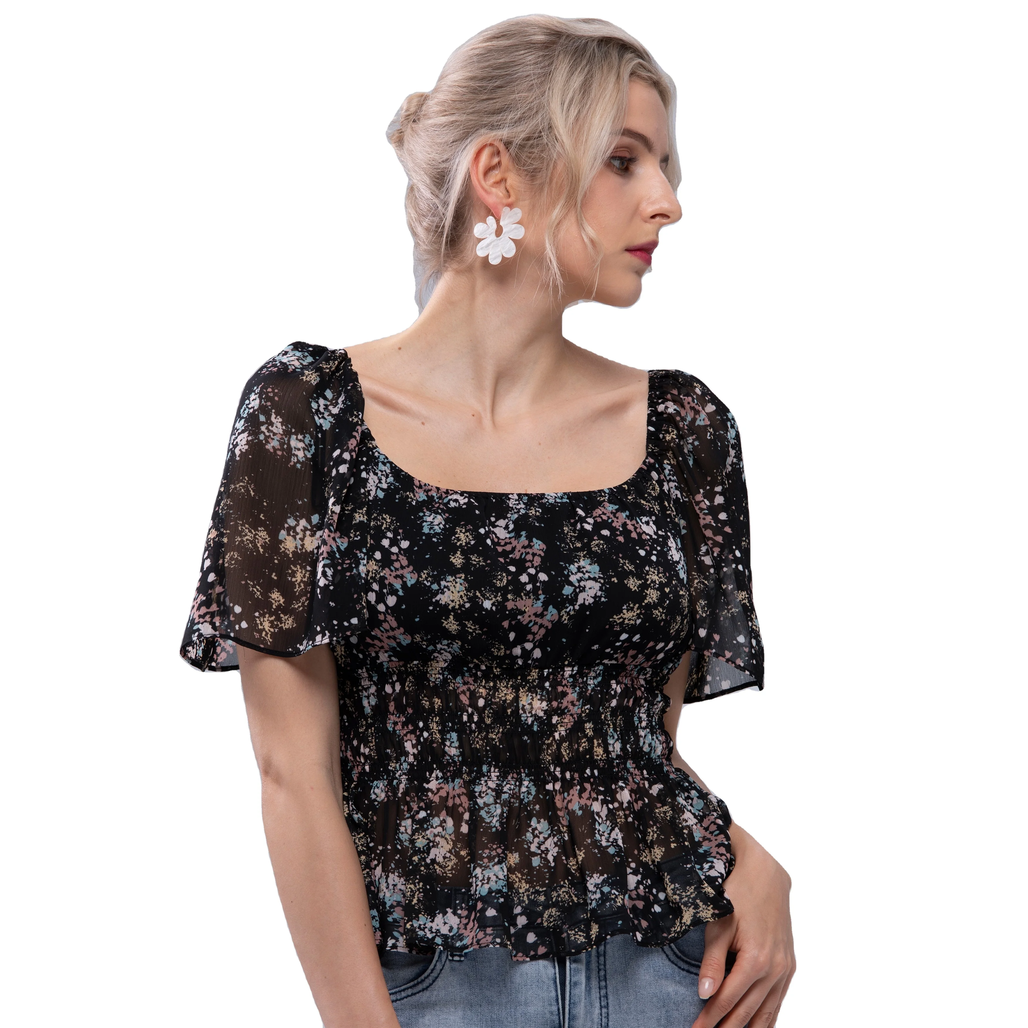 Sexy Elastic Neck Smoking Waist Short Sleeve Elegant Casual Crop Top Blouses for Women
Sexy Elastic Neck Smoking Waist Short Sleeve Elegant Casual Crop Top Blouses for Women