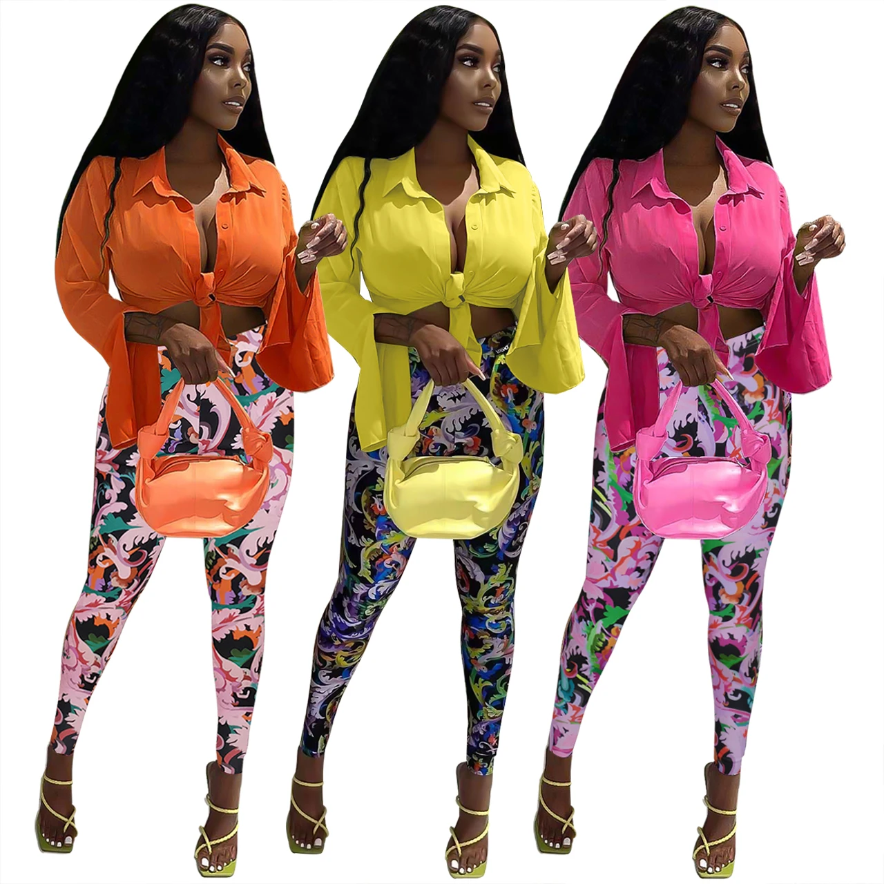 Sexy solid color long-sleeved shirt printed trousers two-piece fashion women's suit
Sexy solid color long-sleeved shirt printed trousers two-piece fashion women's suit