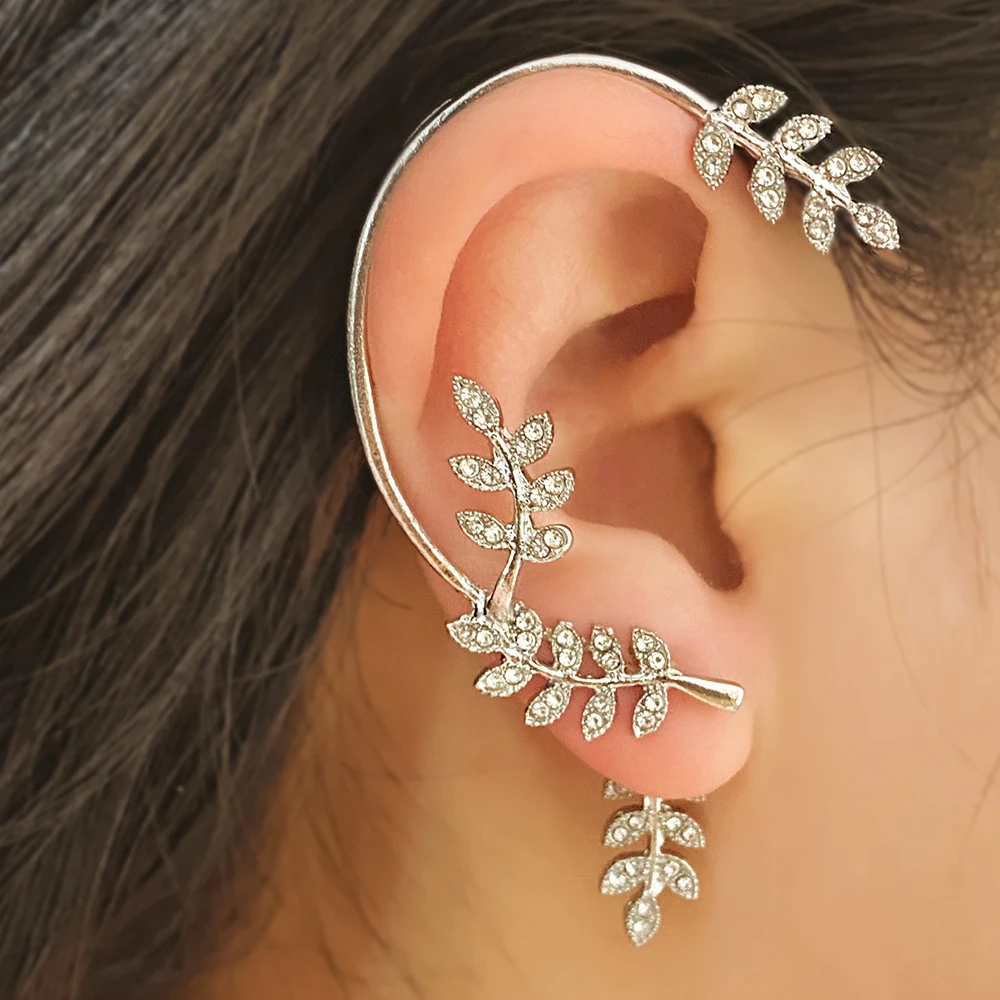 

Detachable Gold Plated Metal Ear Bone Clip For Women Luxury Shining Zircon Inlaid Rhinestone Earring Willow leaves Ear Cuff