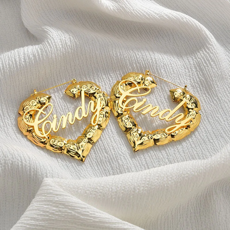 Hot heart hoop women jewelry big custom name letter bamboo joint statement stainless steel gold earrings, As pic
Hot heart hoop women jewelry big custom name letter bamboo joint statement stainless steel gold earrings, As pic