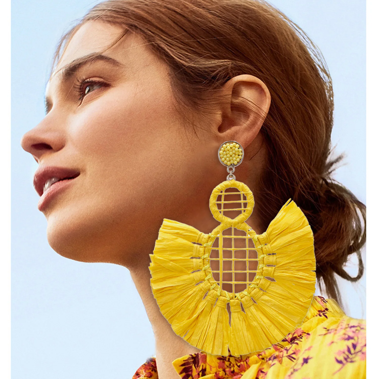 Bohemian Fashion Jewelry Handmade Geometric Lafite Drop Tassel Earrings Big Yellow Fringe Bridal Earring For Women
Bohemian Fashion Jewelry Handmade Geometric Lafite Drop Tassel Earrings Big Yellow Fringe Bridal Earring For Women