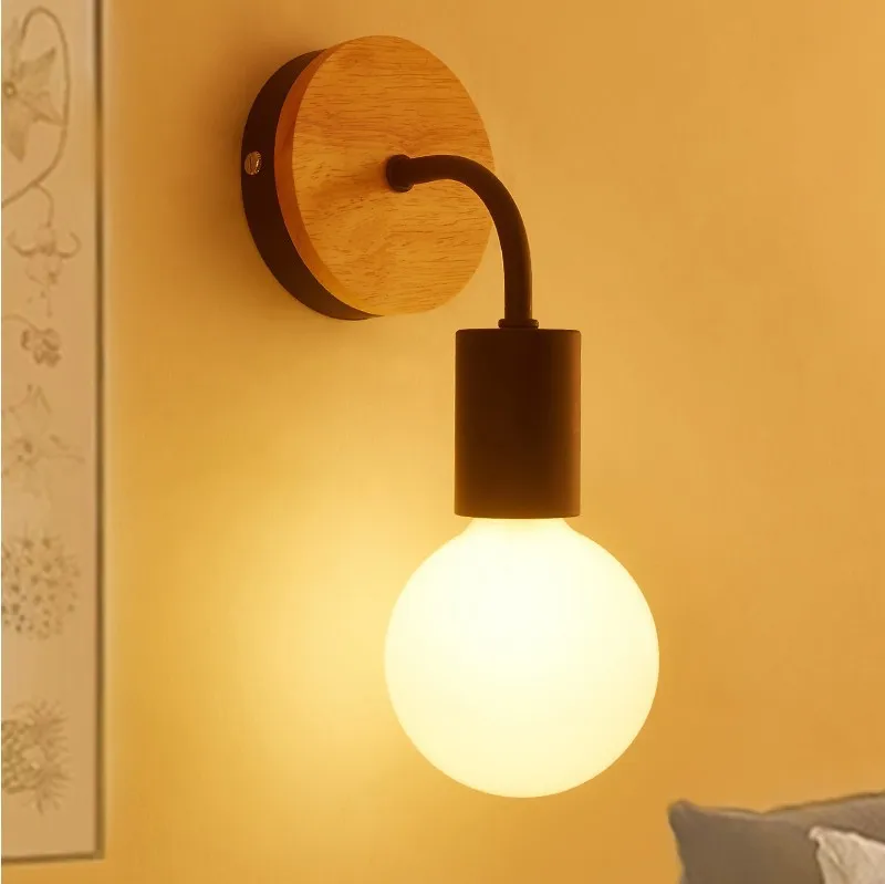 Minimalist Exposed Bulb Single-Light Wood Round Backplate Indoor Wall Lamp