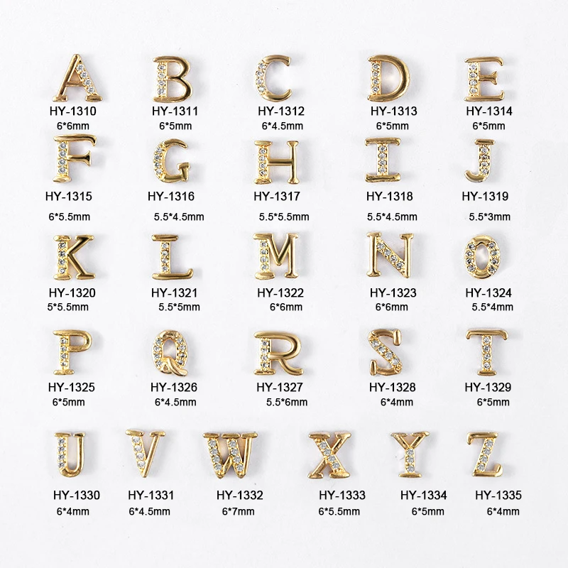 Luxury 26 Letters Bling Bling Gold Metal 3d Zircon Nail Decoration in Bulk
Luxury 26 Letters Bling Bling Gold Metal 3d Zircon Nail Decoration in Bulk