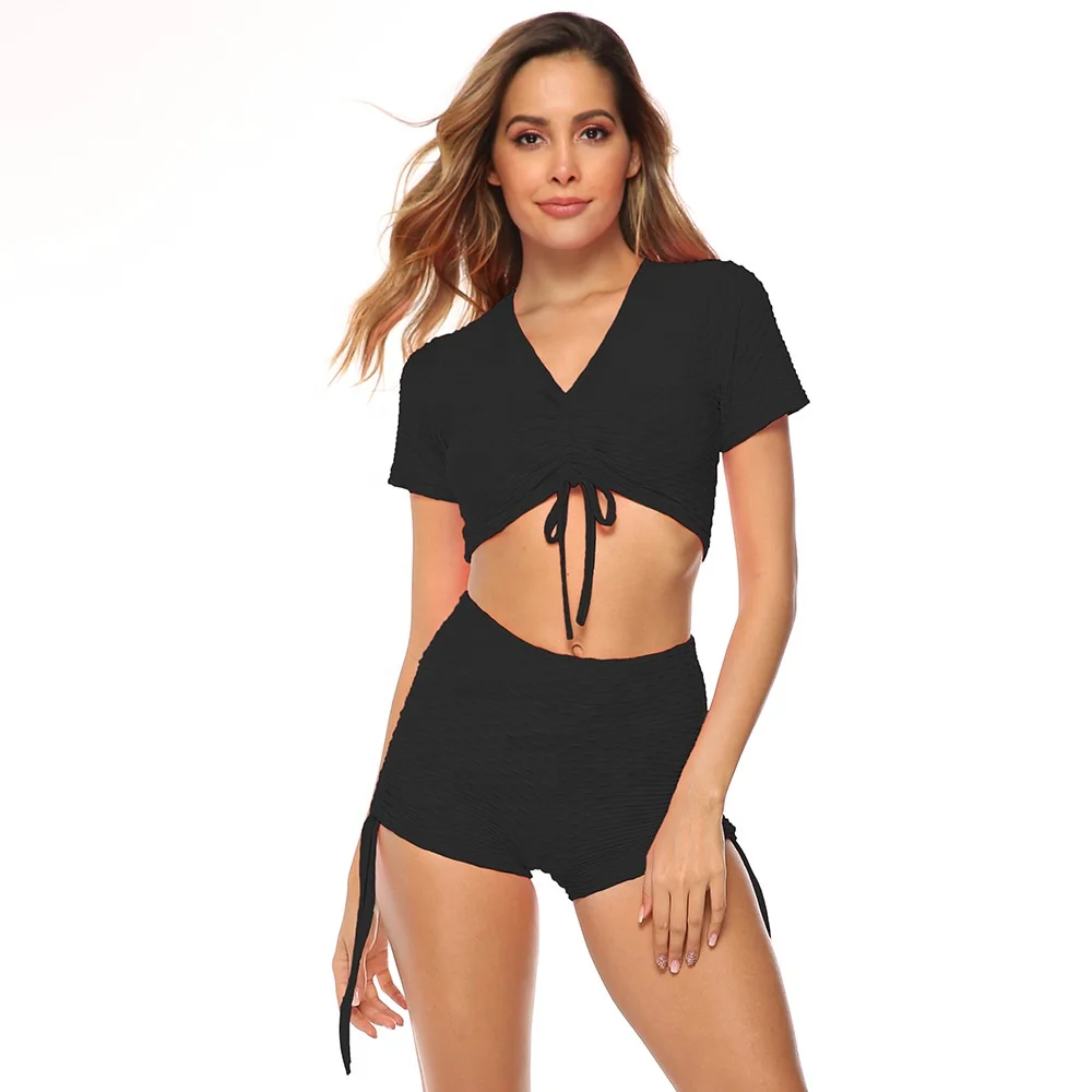 Sexy Yoga v-Neck Drawstring Jacquard Bubble Short Sleeve Woman Tops Fashionable 2021, 7colors
Sexy Yoga v-Neck Drawstring Jacquard Bubble Short Sleeve Woman Tops Fashionable 2021, 7colors