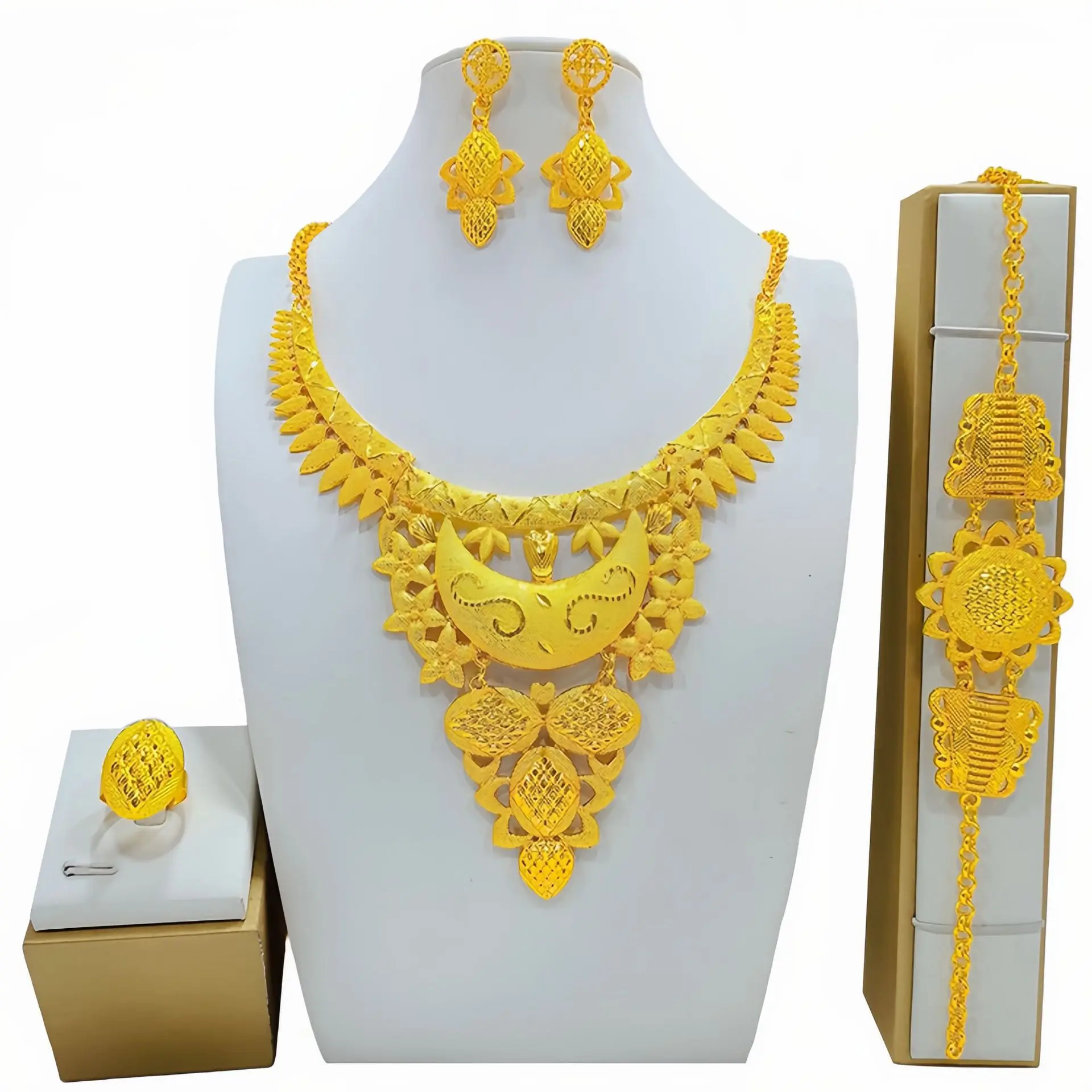 Conjuntos De Joyas Dubai 24K Gold Plated Jewelry Sets Flower Necklace Earring Ring Bracelet 4pcs African Wedding Bridal Set
Conjuntos De Joyas Dubai 24K Gold Plated Jewelry Sets Flower Necklace Earring Ring Bracelet 4pcs African Wedding Bridal Set