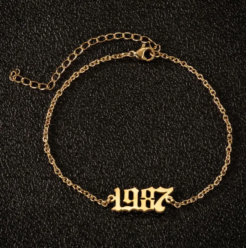 

Fashion Foot Chain Jewelry 1980-2000 Birth Year Anklet Bracelet Stainless Steel Old English Number Anklets (KAN399), As picture