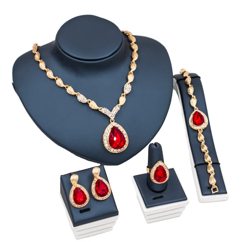 Luxury blue red gem fashion five-piece bridal gold plated necklace Bracelet earring Ring jewelry sets for women party
Luxury blue red gem fashion five-piece bridal gold plated necklace Bracelet earring Ring jewelry sets for women party