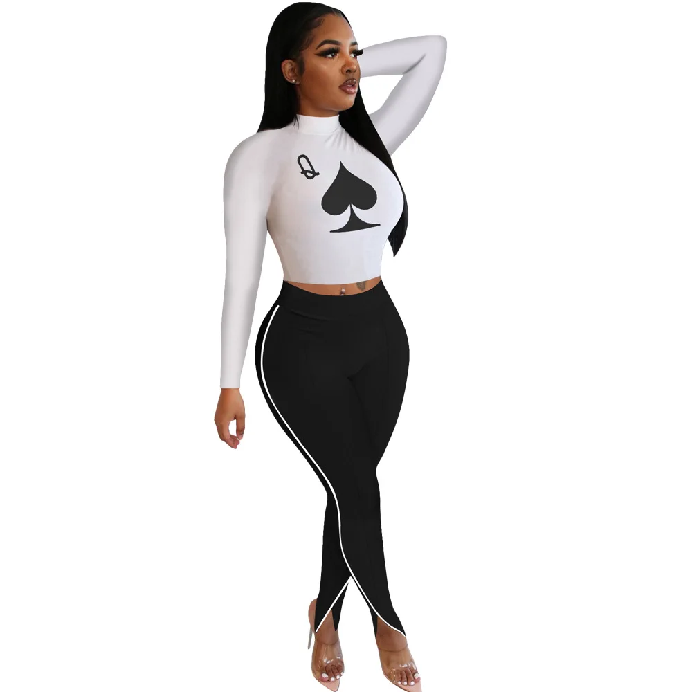 New women queen Poker Q Print Crew Neck Long Sleeve Crop Top & Slim Pants Outfit Workout Set in White, Customized
New women queen Poker Q Print Crew Neck Long Sleeve Crop Top & Slim Pants Outfit Workout Set in White, Customized