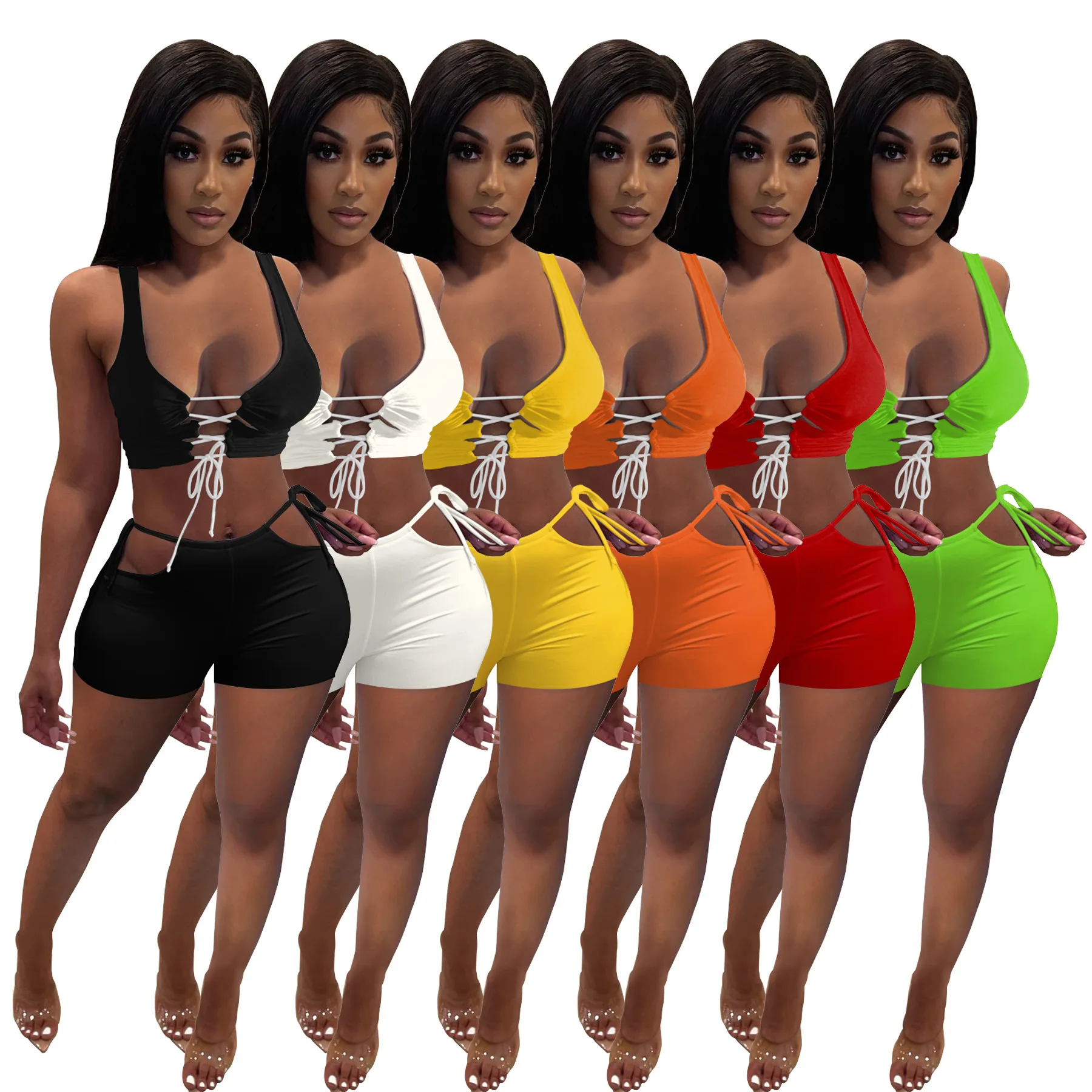 2 Piece set Women Clothes Set Club Wear Sleeveless Lace Up Crop Tops and Shorts Two Piece Summer Outfits Women Clothing, White, yellow, orange, red, black, fluorescent green
2 Piece set Women Clothes Set Club Wear Sleeveless Lace Up Crop Tops and Shorts Two Piece Summer Outfits Women Clothing, White, yellow, orange, red, black, fluorescent green