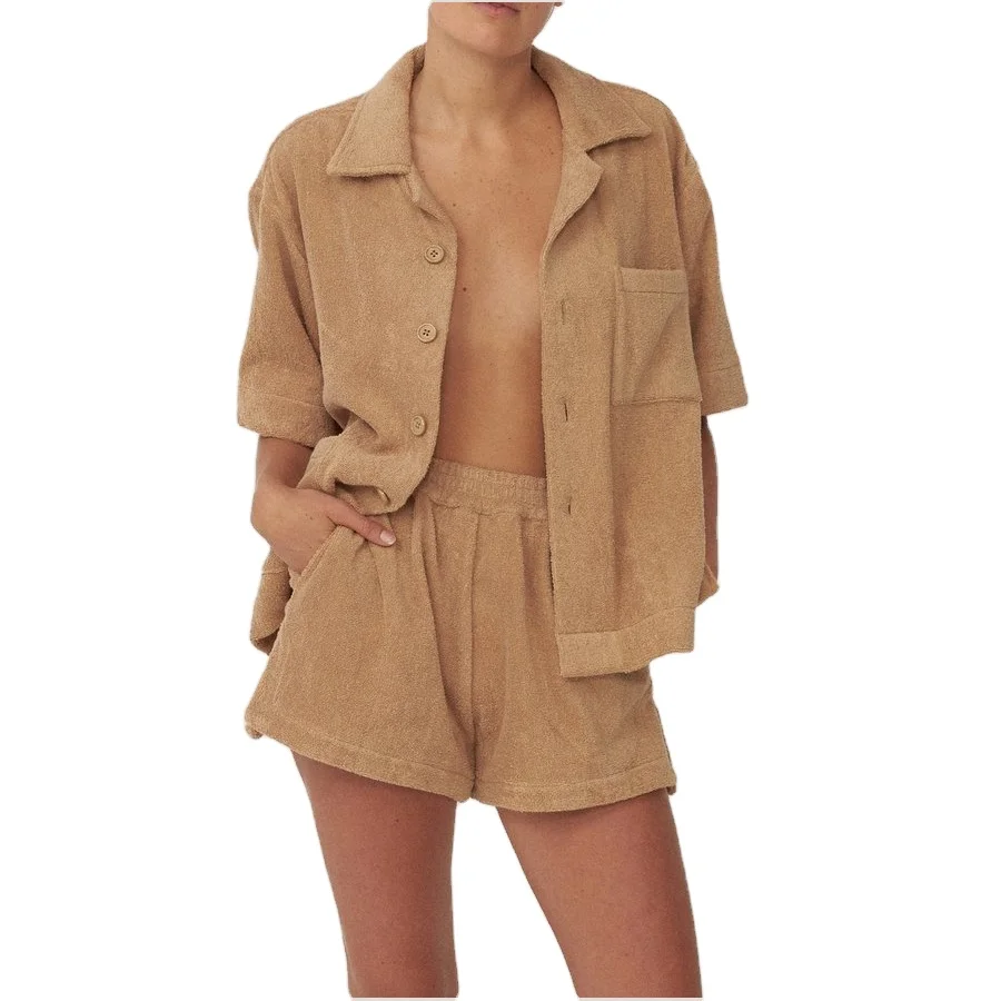 Women fashion summer terry sets women short sleeve top with above kneed short pants sets women beach terry towelling sets, Customized color
Women fashion summer terry sets women short sleeve top with above kneed short pants sets women beach terry towelling sets, Customized color