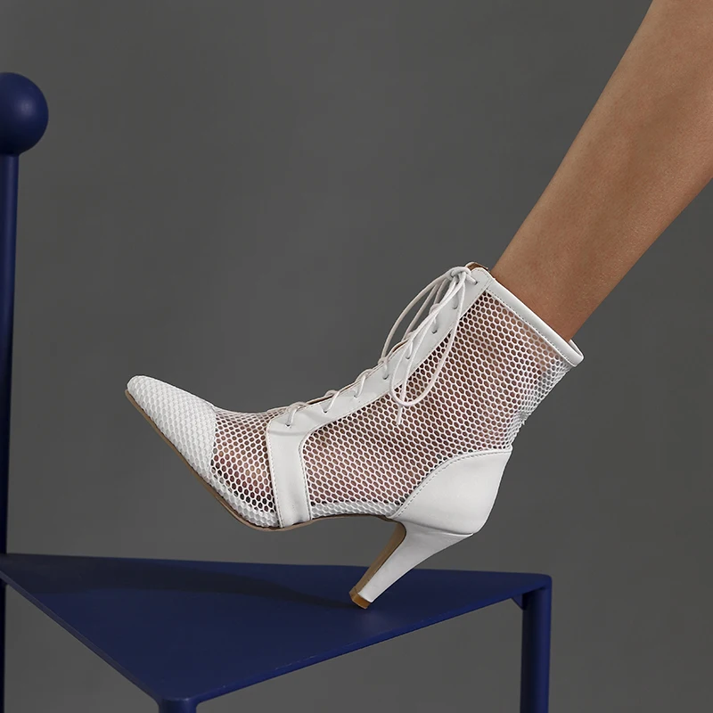 Lace-up Pointed Toe Fishnet High Heel Boots Women's Mesh Boots Breathable Summer Boots, Black/white
Lace-up Pointed Toe Fishnet High Heel Boots Women's Mesh Boots Breathable Summer Boots, Black/white