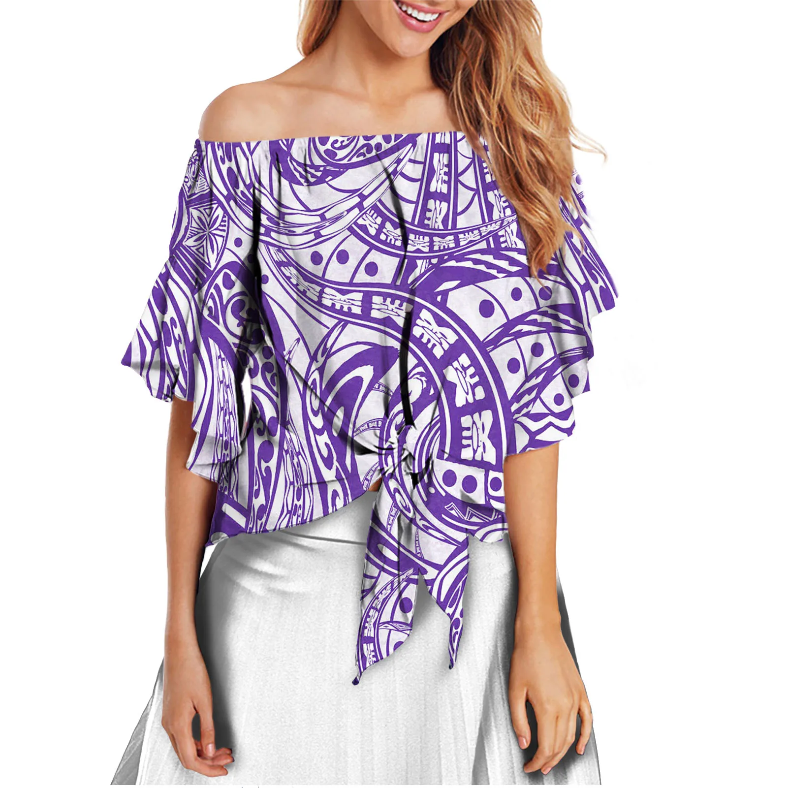 Purple Polynesian Tribal Floral Print Women Tops and Blouse for Ladies Bell Sleeve Tie Knot Chiffon Shirts Off The Shoulder
Purple Polynesian Tribal Floral Print Women Tops and Blouse for Ladies Bell Sleeve Tie Knot Chiffon Shirts Off The Shoulder